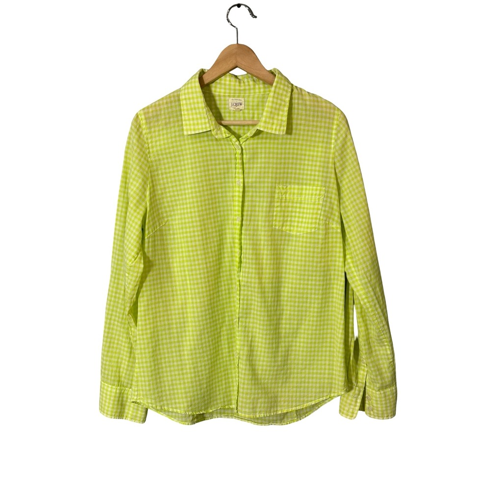 J.Crew The Perfect Shirt L Neon Lime Green Gingham Check 100% Cotton Button Down